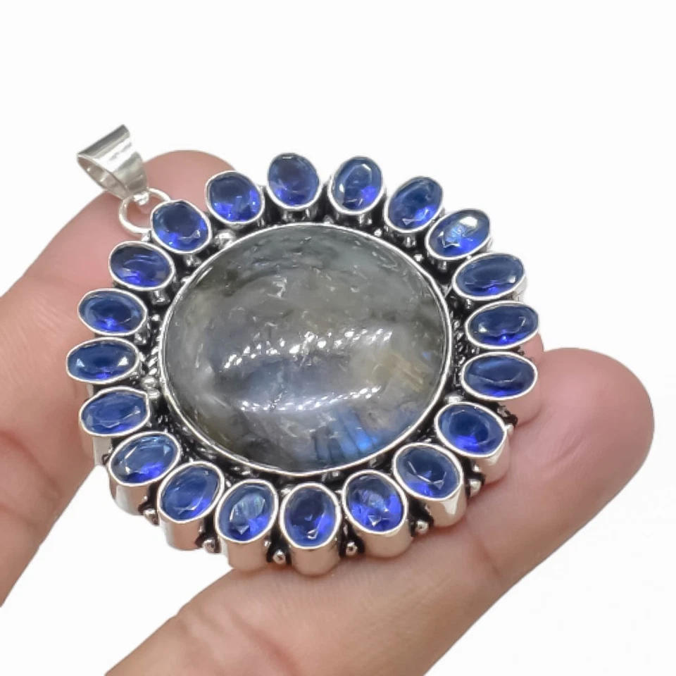 Colgante de joyería de plata de ley 925 hecho a mano con piedras preciosas de labradorita tamaño-2" Foto 3 de 4