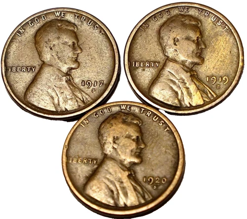 3 Very Good Lincoln Pennies Cents 1917 S, 1919 S, 1920 S SF mint, Free Ship