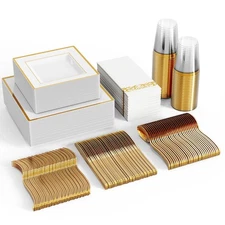 350 Ct Disposable Dinnerware Set for 50 Guests -Heavy Duty Square Plastic Pla...