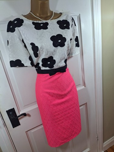 Daisy May Pink Black & White Floral Lined Beaded Dress, UK 14, Immaculate Cond - Picture 4 of 9
