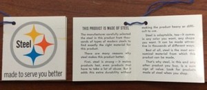 hangtags for steel products, with Pittsburgh Steelers, U.S. Steel logo