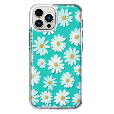 For Apple iPhone 11 Pro Max Shockproof Hybrid Case, Turquoise Teal White Daisy