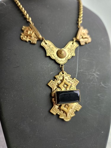 Antique Necklace Brass Gold Gilt Black Accent Stone Spring Ring Clasp 7.5" Drop - Picture 11 of 24