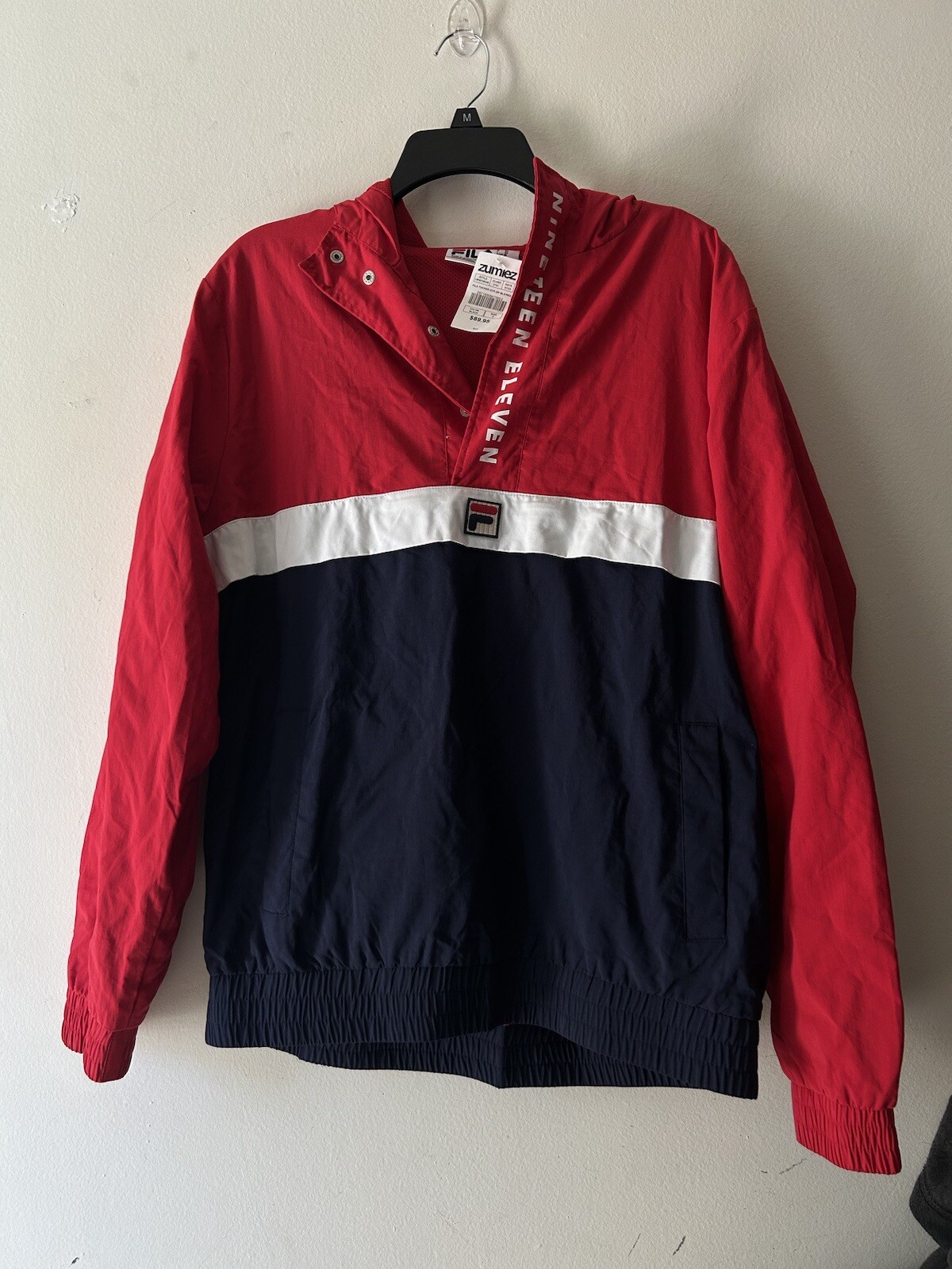 Giacca a vento FILA 'Nineteen Eleven' blu navy rossa e bianca nuova con etichetta zip uomo M