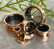 PAIR Rose Gold with Black Interior Screw Fit Tunnels Ear Plugs Earlet Gauges