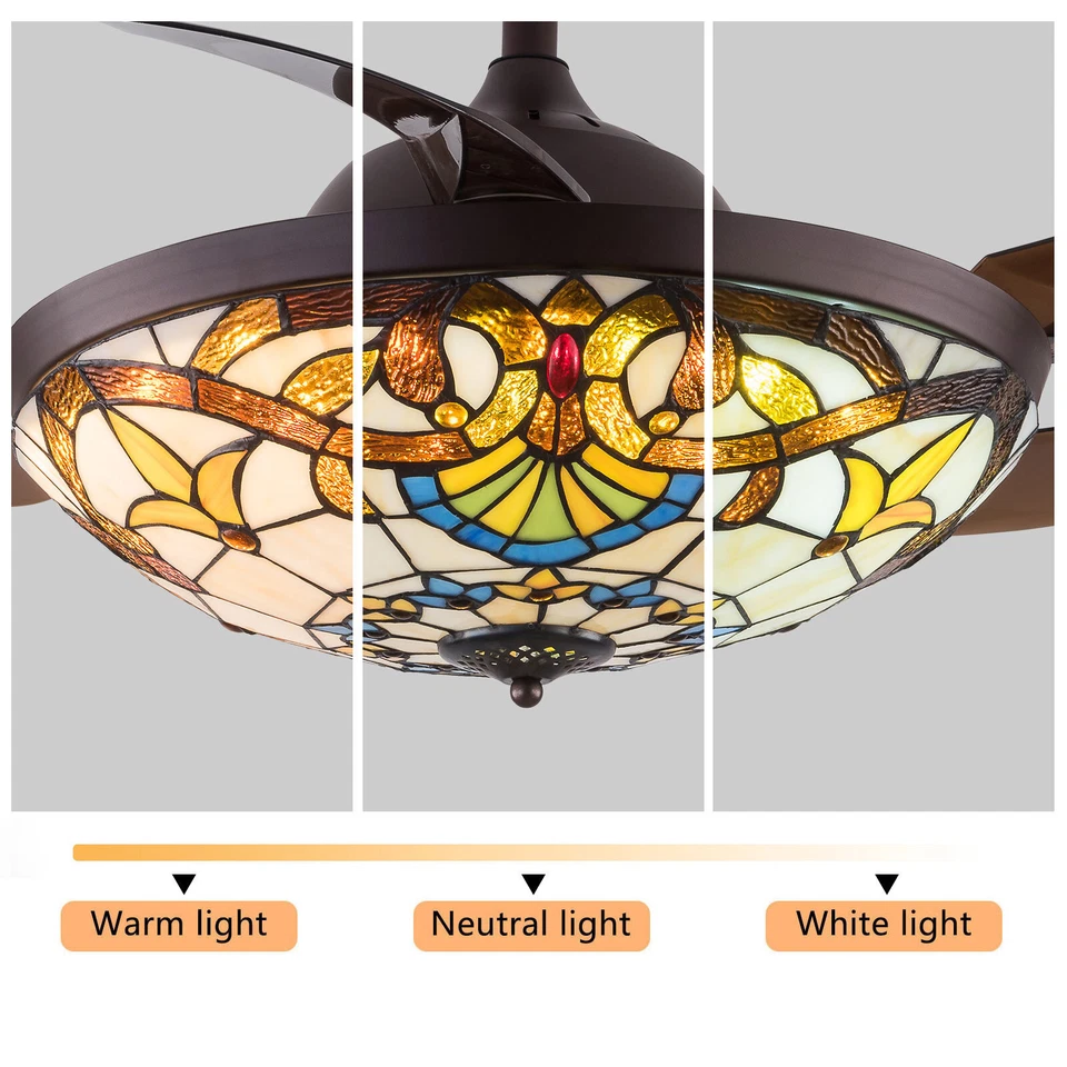 42" Tiffany Retractable Ceiling Fan & Remote + Light LED Dimmable Chandelier - Image 3 of 4