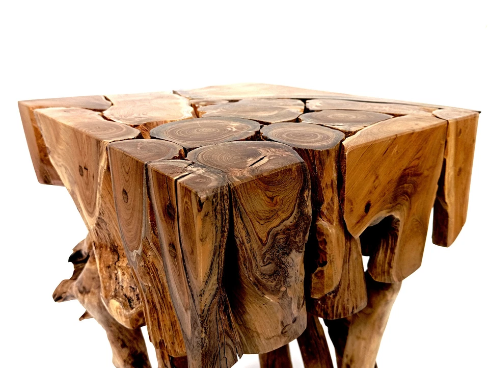 Table D'Appoint En Teck En Bois De Racine Tabouret En Teck Massif Tronc D'Arbre - Photo 4/4