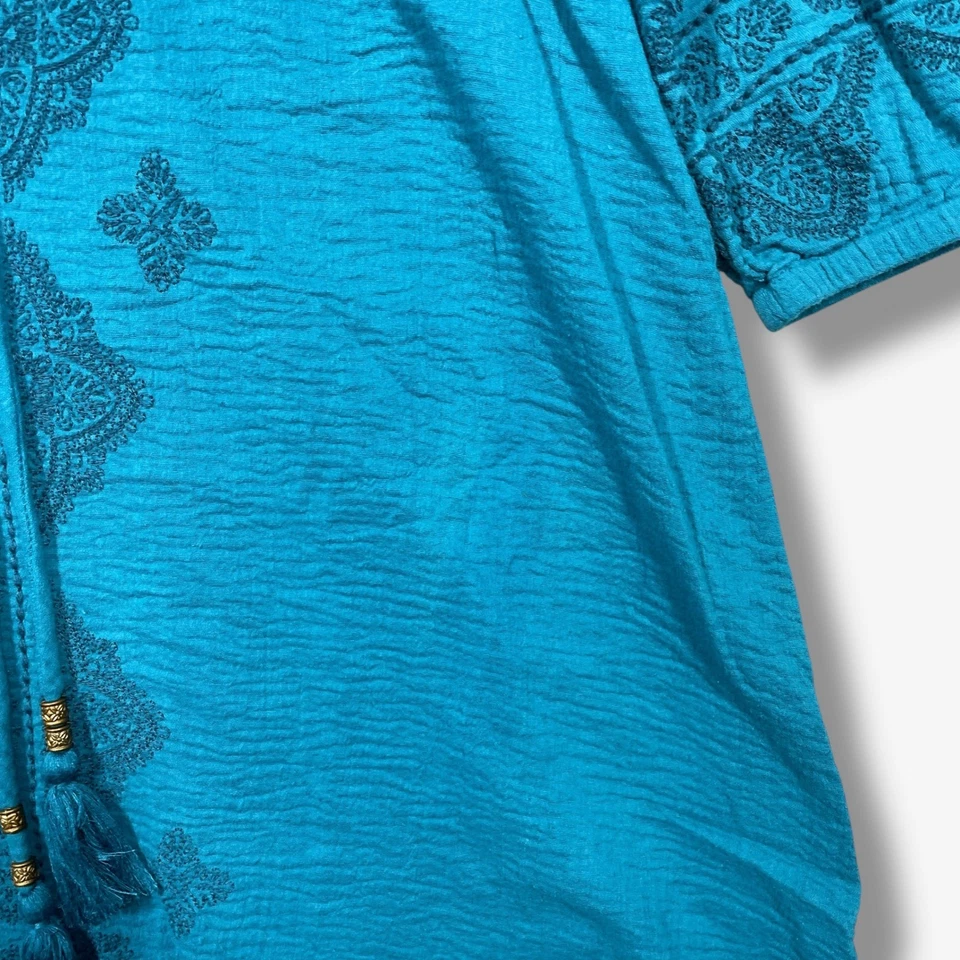 Lucky Brand Embroidered Midi Dress Womens M Blue Boho 3/4 Sleeve Drawstring - Image 2 of 4