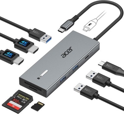 acer USB C Docking-Station, Dual HDMI, 9IN1 Typ C Hub auf HDMI, 4K@60Hz, 3*USB-A