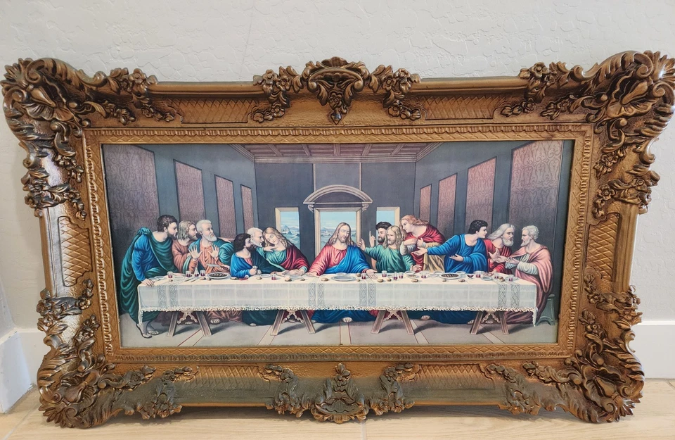 Cuadro enmarcado grande vintage de Jesucristo Señor ÚLTIMA CENA ~ ¡HECHO EN ITALIA! Foto 2 de 4