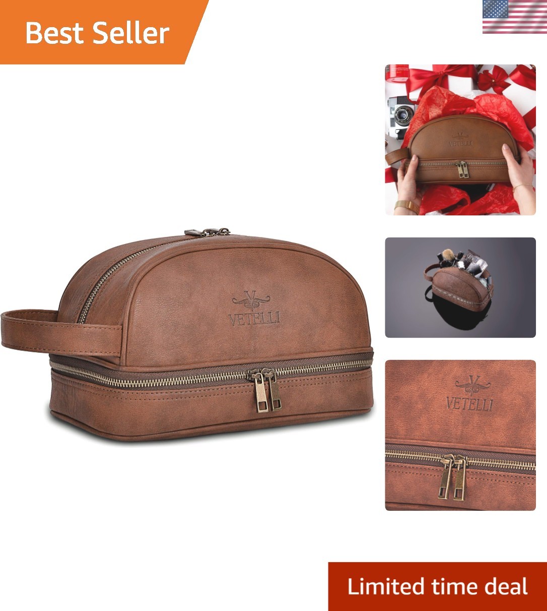 Luxury Leather Travel Toiletry Bag with Zippered Compartments and Handle