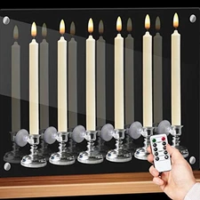  Window Flameless Taper Candles with Remote & Timer, Battery Silver Holder