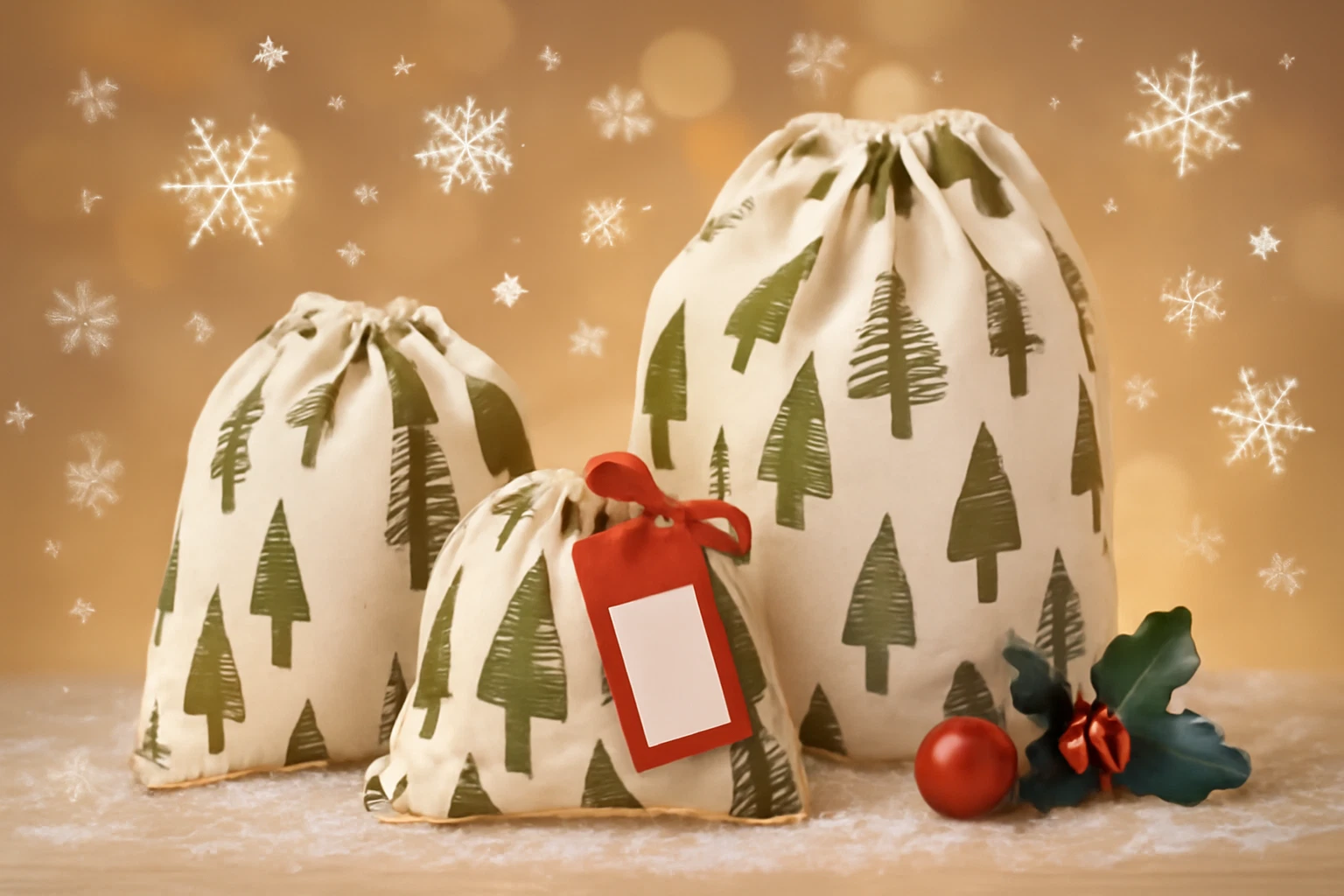 Christmas Tree Design Cotton Drawstring Storage Bags Set of 3
