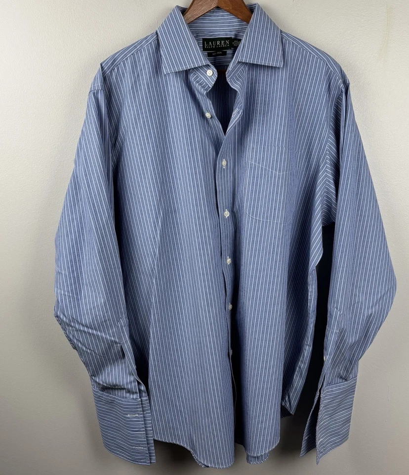 Lauren Ralph Lauren Dress shirt French Cuff Mens 17 - 34/35” Blue Stripe Cotton - Image 2 of 4