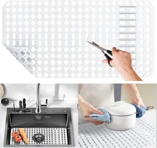 Large White Silicone Sink Mat and Protector With Cutout Drain Holes for Kitchen 