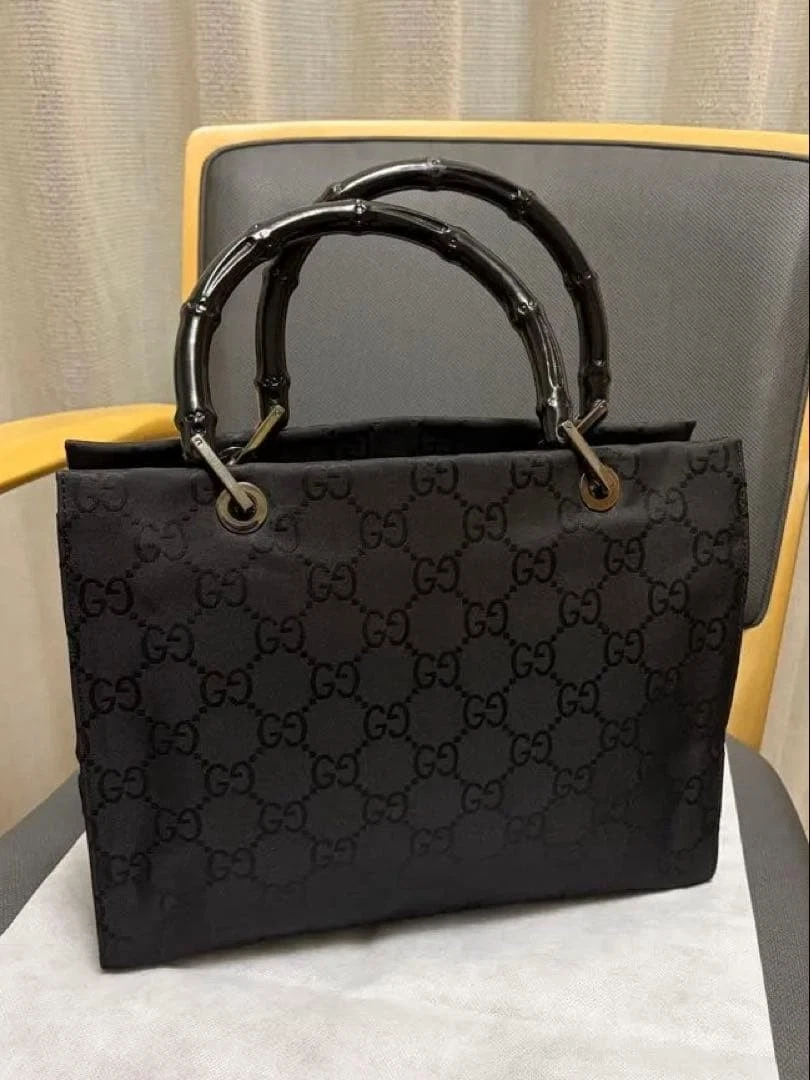 GUCCI 0021016 Bamboo Handbag Tote Bag GG Pattern Canvas