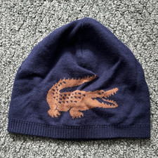 Lacoste Navy Beanie Hat Brown Crocodile Logo Unisex Adults One Size