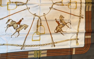 Vintage Celine Paris Silk Scarf Equestrian Horse Bit Stirrup Brown