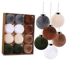 12 PCS Christmas Large Velvet Balls Ornaments 3.14In Shatterproof Brown green