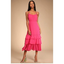 Lulus Womens Hot Pink Swiss Dot Tiered Midi Dress Spaghetti Strap M