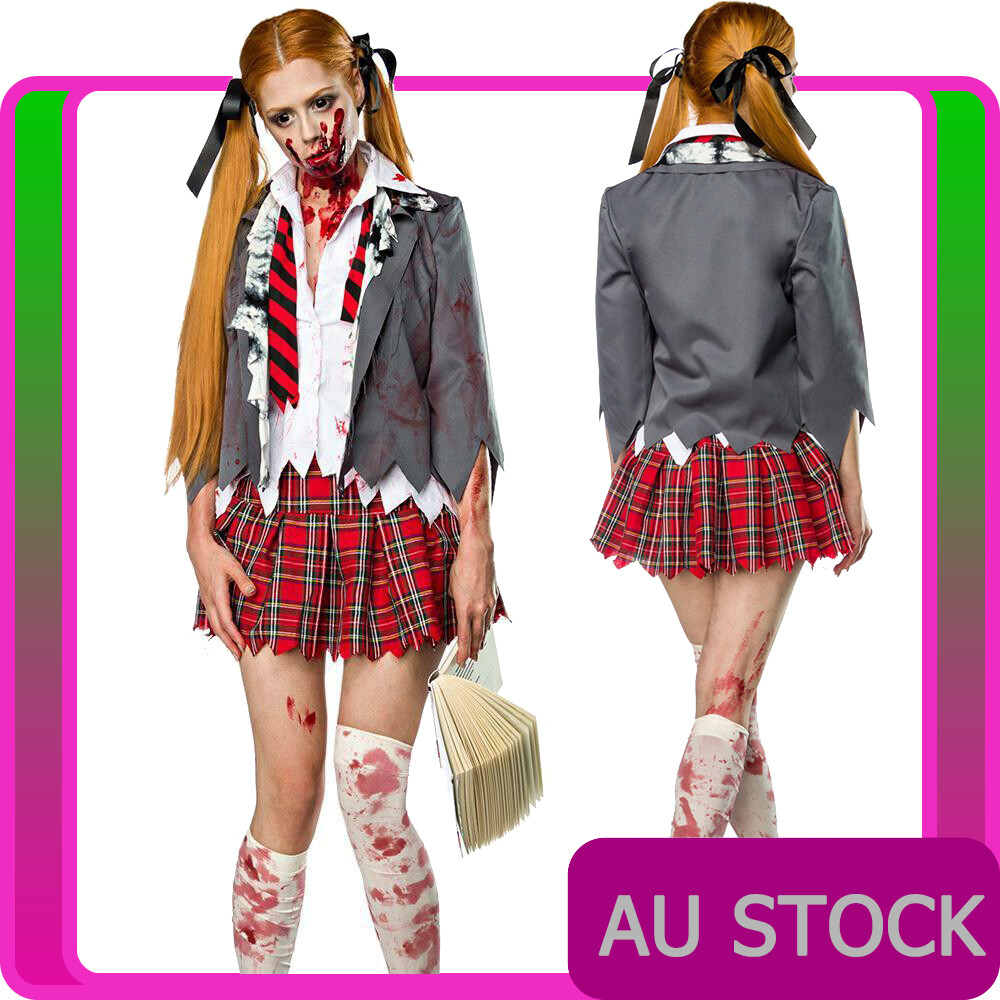 Zombie Schulmädchen Kostüm Set – Blutiges Halloween-Outfit Mit Jacke, Hemd, Rock, Krawatte & Socken
