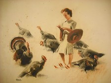 Signierte Estampe "Brenet" Frau Mit Socke & Truthähnen 62Cm