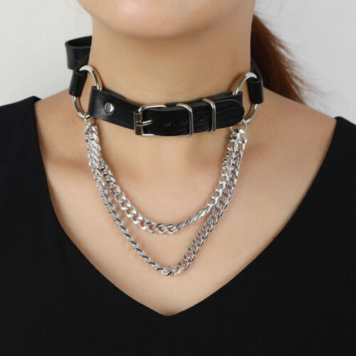 Women Girls Choker Collar Necklace Ring PU Leather Heart Charm Gothic Punk Black - Afbeelding 1 van 6