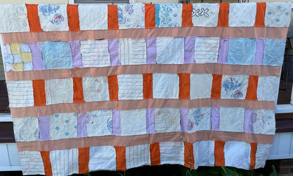 Vgt Primitive Hand Made Scrappy Strip Pattern Multi Color Quilt 62" X 49" - Image 3 of 4