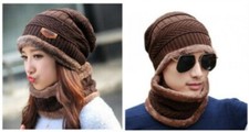 Unisex Beanie Hat Gaiter Set Warm Fleece Lined Knitted Cap Neck Warmer, Brown