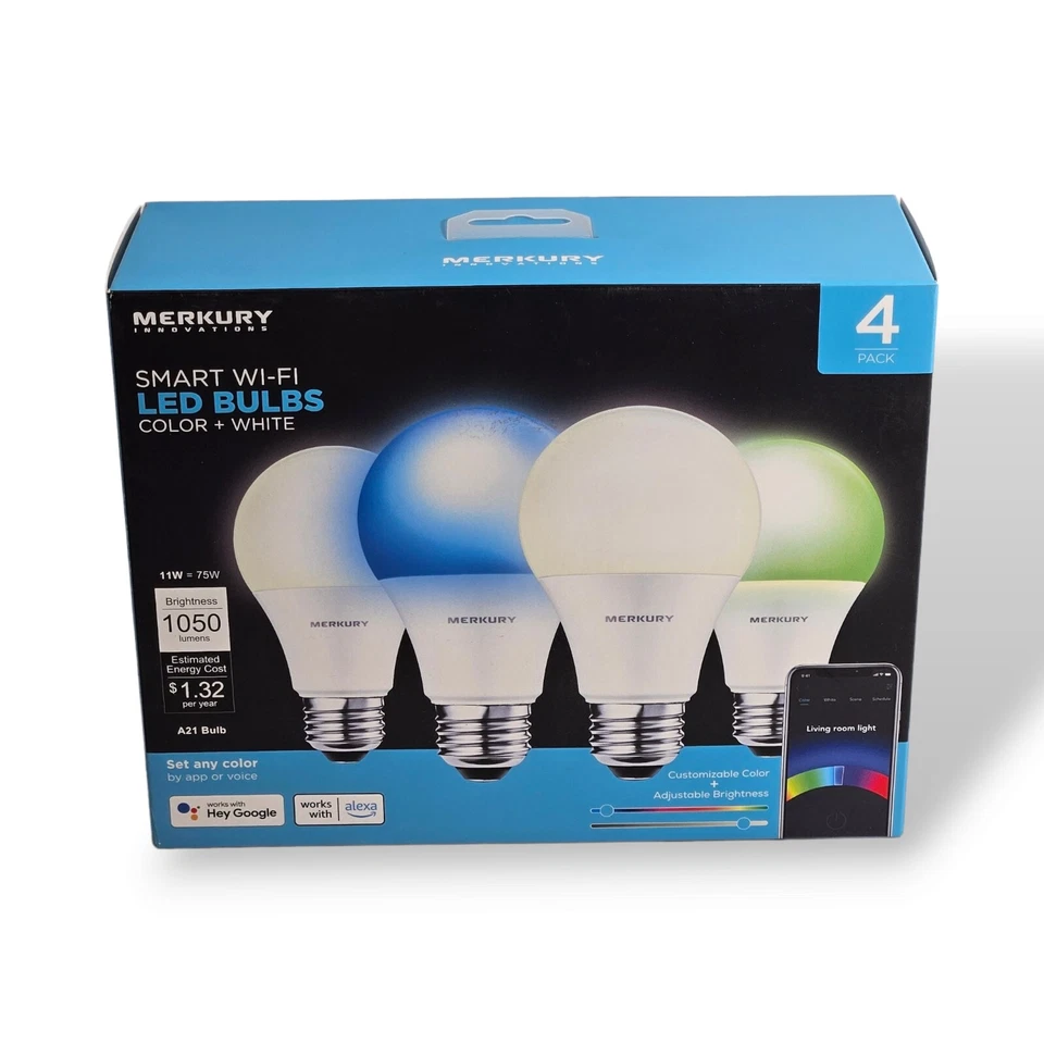 Merkury Innovations Smart Wi-Fi LED Adjustable Color and Brightness Bulbs 4 pack - Image 2 of 4