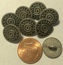 8 Antiqued Silver Tone Metal Shank Buttons Just Over 9/16" 14.9mm 9567
