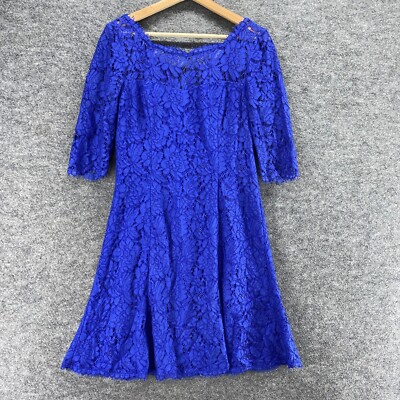 Eliza J Dress Women 6 Blue Floral Shift Midi Zipper Crochet 3/4 Sleeve  Lined | eBay