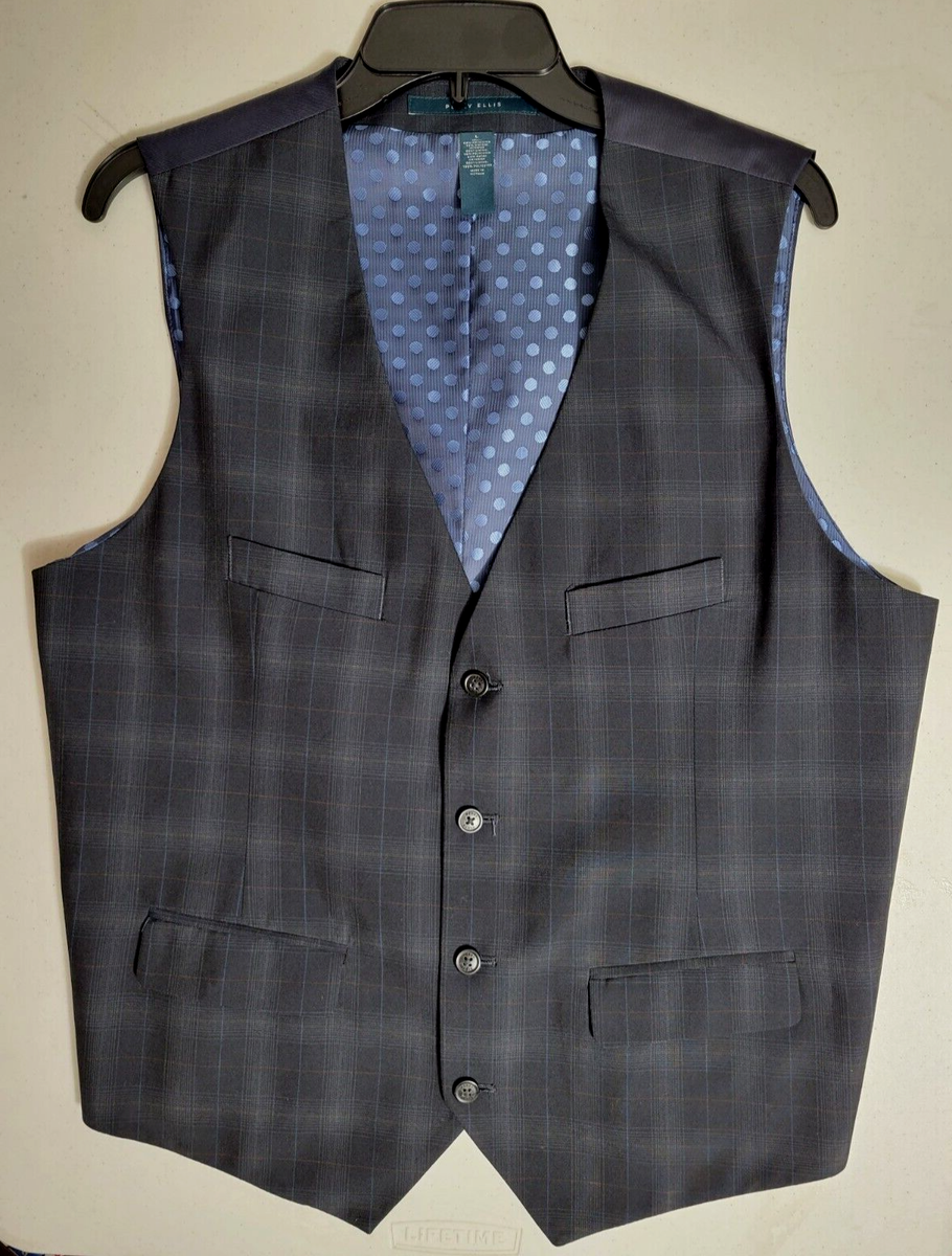 Perry Ellis Blue Plaid Button Vest Men's Size L