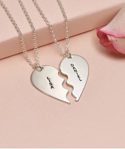 Cuore Ciondolo Spezzato Argento 2 x Collana Acciaio unisex idea regalo coppia - Immagine 2 di 4