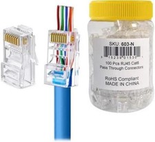 100 Pack RJ45 Pass Through Connectors Cat5, Cat5e, Cat6 Ethernet Plugs One-P