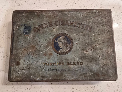 1920s TURKISH BLEND OMAR CIGARETTES EXCEPTIONAL QUALITY Tin Rough Cond 8.5x5 3/4