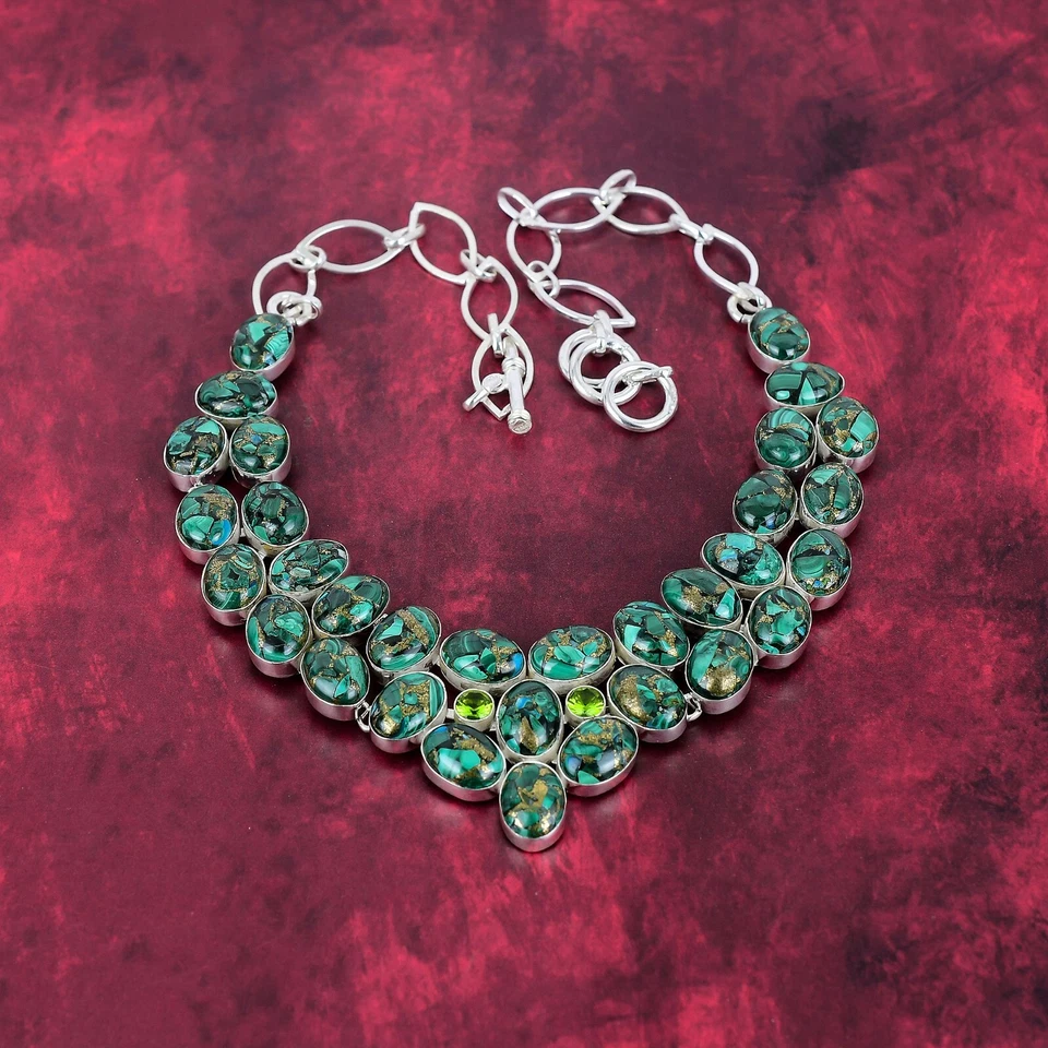 Collar bohemio de joyería de plata de ley 925 hecha a mano con piedras preciosas de malaquita de cobre Foto 4 de 4