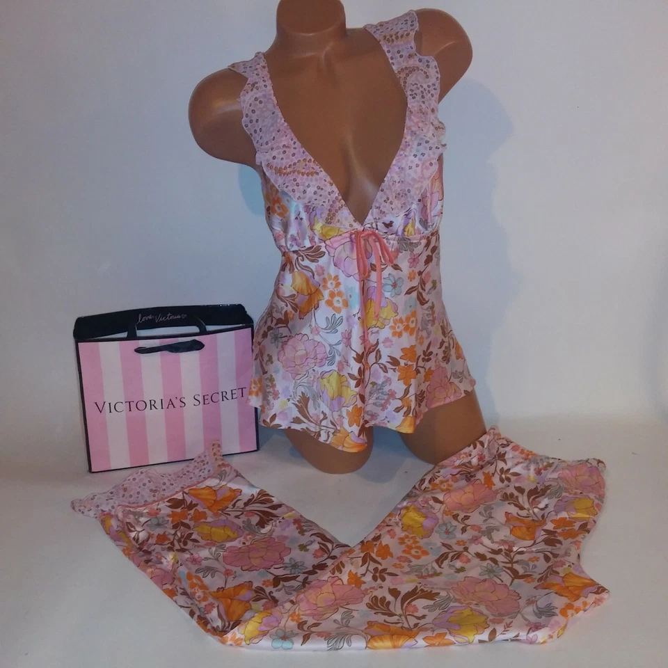 G1N с ярлыками Victoria Secret пижамы комплект Sleepwear камзол брюки атласный розовый или - Изображение 2 из 4