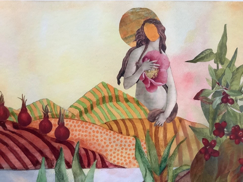 Cosecha acuarela pintura collage paisaje naturaleza agricultura viñedo Foto 3 de 4