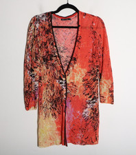 Nic Zoe Linen Blend Artsy Abstract Longline Cardigan M Red Floral Lightweight