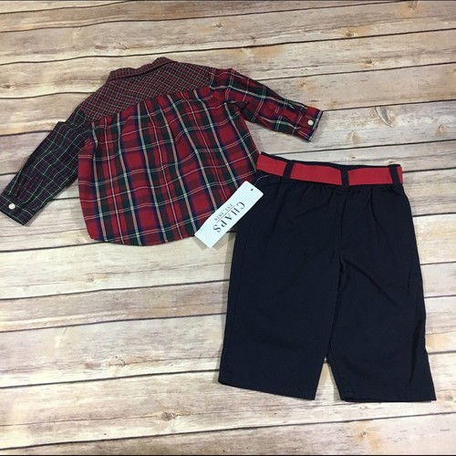 Chaps Boys Outfit Size 6 Months Navy Blue Red Plaid Shirt Pants NEW - Picture 6 of 6