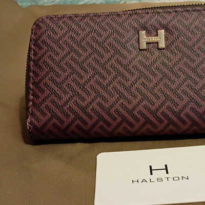 Halston Women s Burgundy Geometric Zip-Around Wallet, Logo Accents, Credit Card