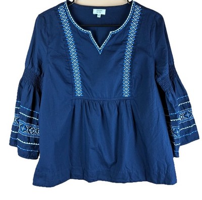 Crown And Ivy Women s Navy Blue Blouse, Embroidered, Bell Sleeves Size Small