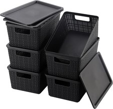 6 Pack Plastic Storage Baskets With Lids,Black Breathable Stackable Storage Bins
