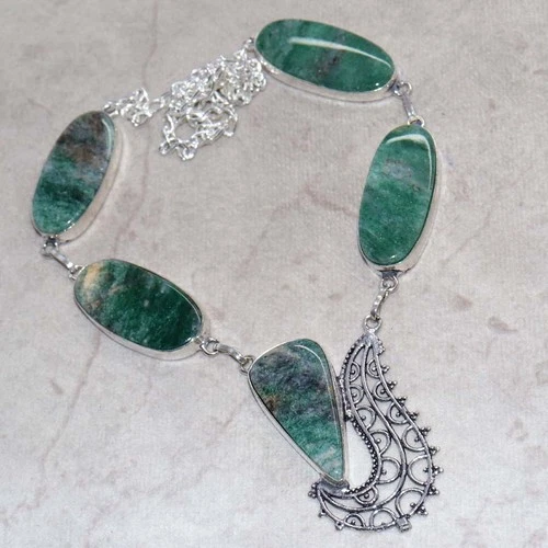 925 Silver Plated Green Aventurine Necklace 19" Graceful Jewelry Trendy GW