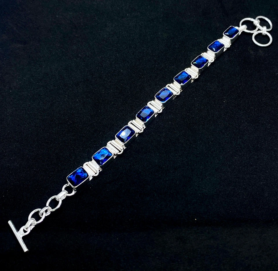 Brazalete de cadena de joyería de piedras preciosas de tanzanita azul corte rosa de plata de ley 925 Foto 2 de 3