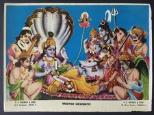 India 50's Print LORD VISHNU ON SERPENT All Gods Brijbasi 7in x 10in (14854)