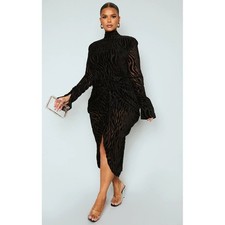 Pretty Little Thing Plus Size 20 Black Zebra Devore High Neck Draped Midi Dress