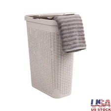 Spacious 40L Plastic Laundry Basket Slim Tapered Hamper W/ Hinged Lid & Handles