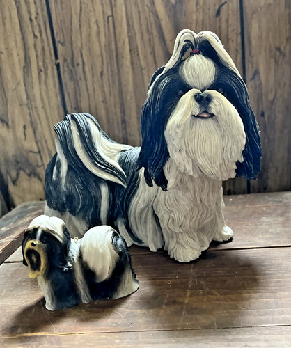2 Shih Tzu Dog Black White 1 is 7.5" x 8" Figurine 3# Resin, 2nd is an ornament